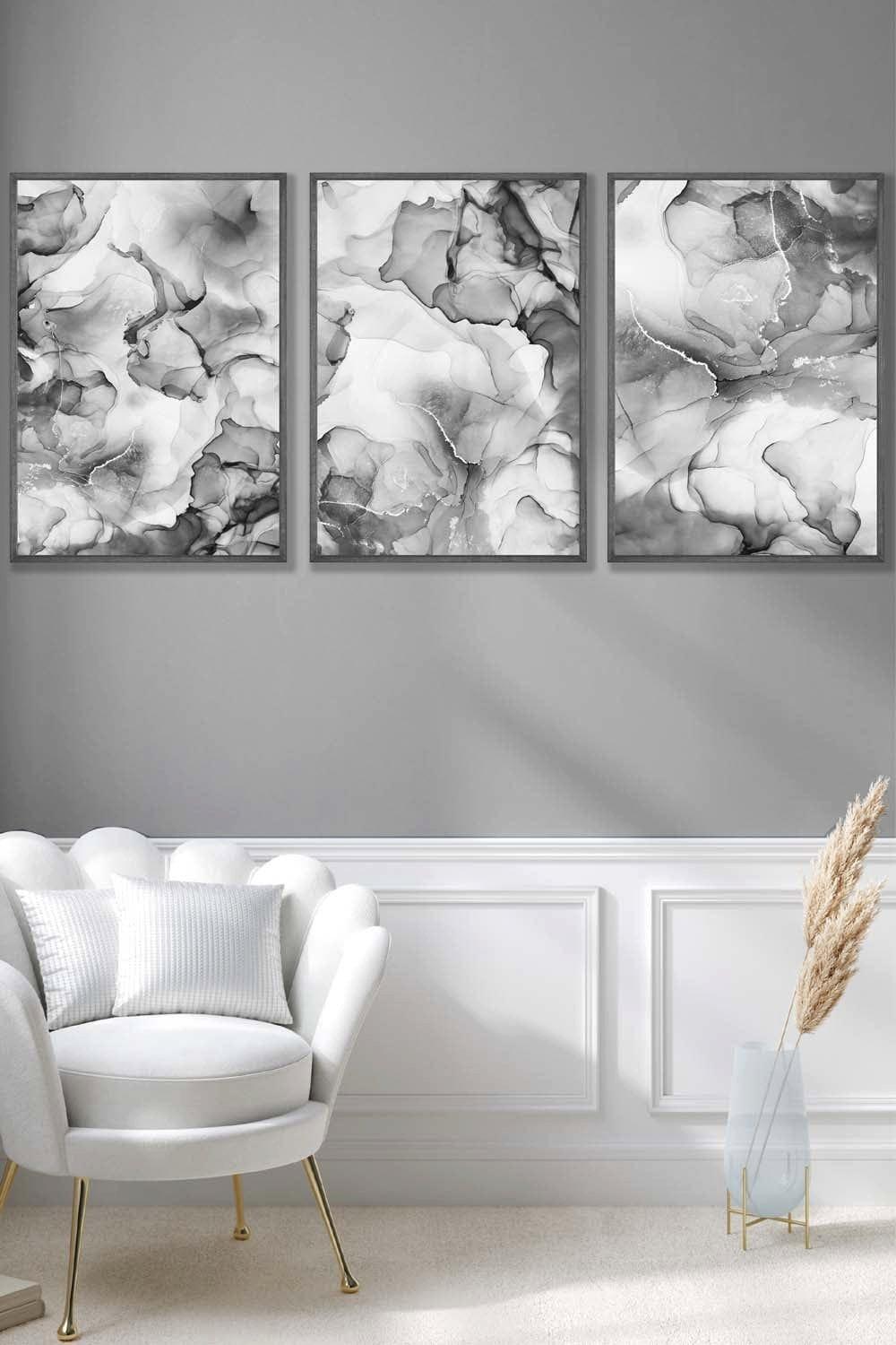 Set of 3 Dark Grey Framed Abstract Floral Fluid in Grey Wall Art